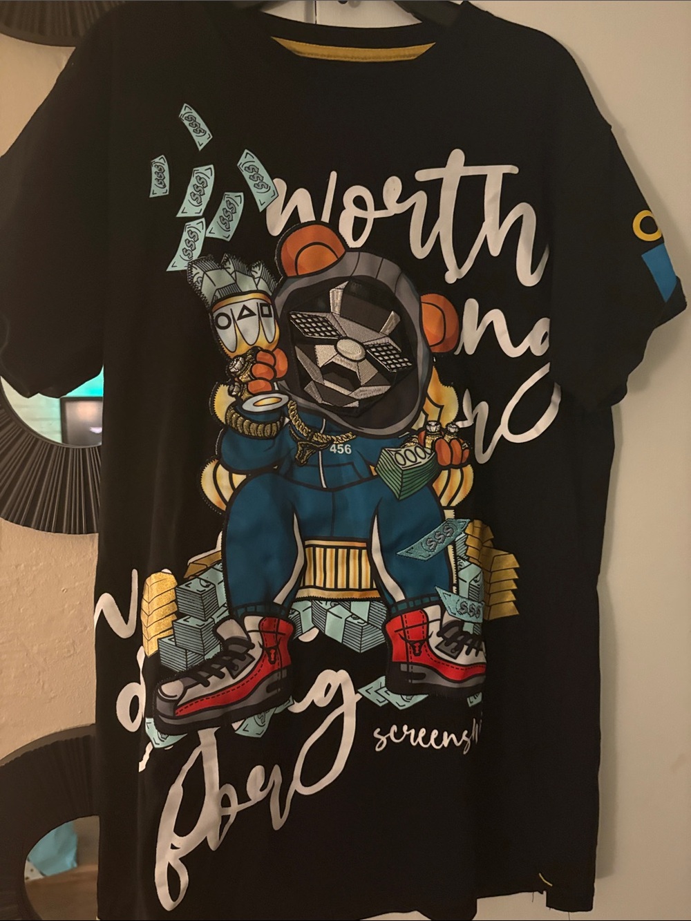 Black Kids Graphic Tee with Money Bear Illustration